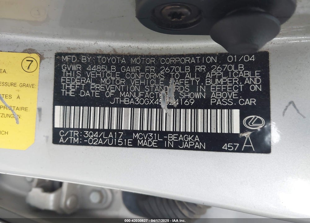 2004 LEXUS ES 330 VIN: JTHBA30GX45024169