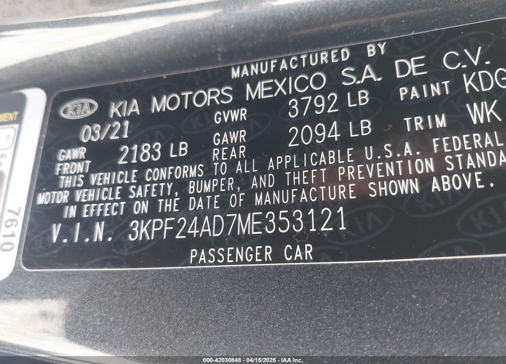 2021 KIA FORTE LXS VIN: 3KPF24AD7ME353121