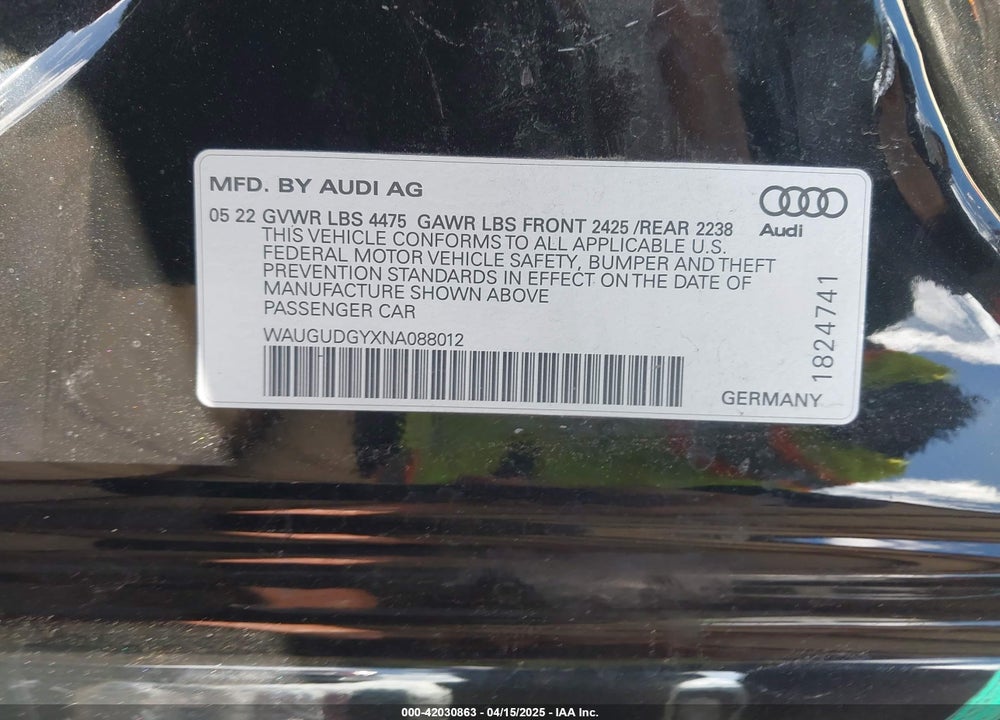 2022 AUDI A3 VIN: WAUGUDGYXNA088012