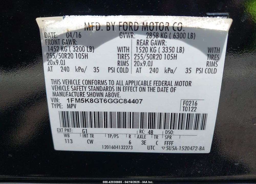 2016 FORD EXPLORER VIN: 1FM5K8GT6GGC84407