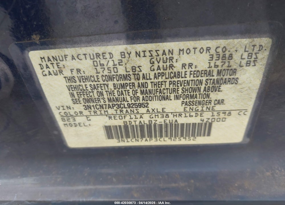 2012 NISSAN VERSA 1.6 SV VIN: 3N1CN7AP3CL925952