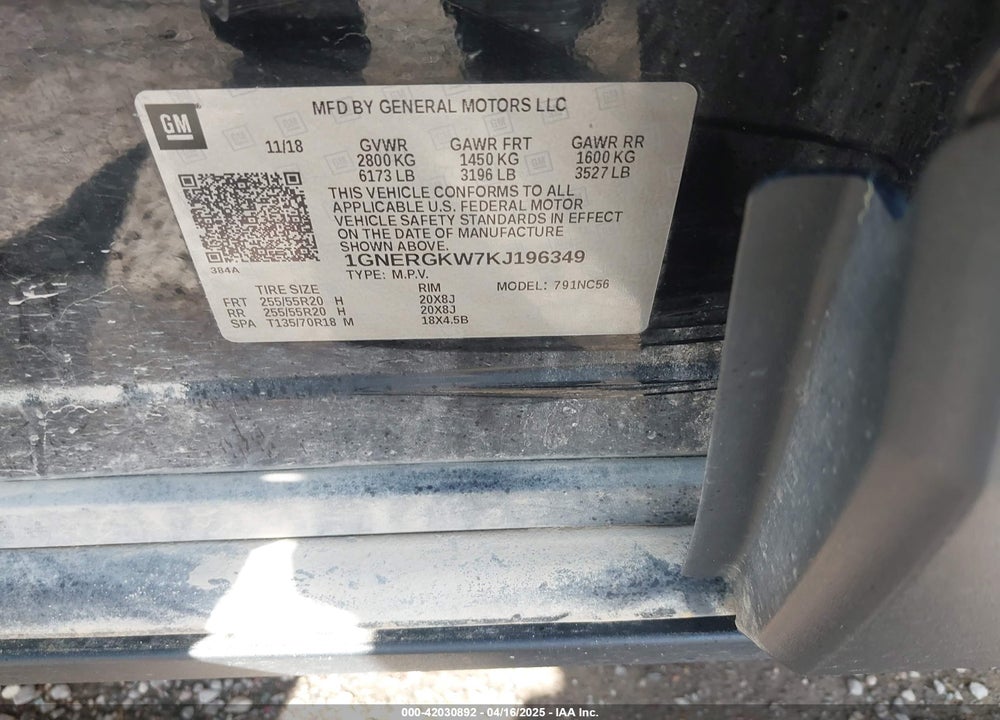 2019 CHEVROLET TRAVERSE VIN: 1GNERGKW7KJ196349