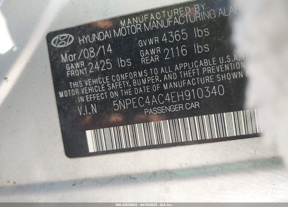 2014 HYUNDAI SONATA VIN: 5NPEC4AC4EH910340