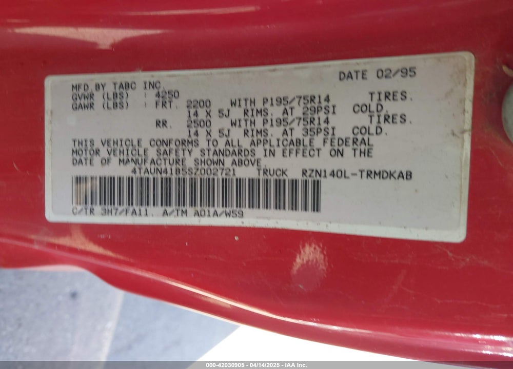 1995 TOYOTA TACOMA VIN: 4TAUN41B5SZ002721