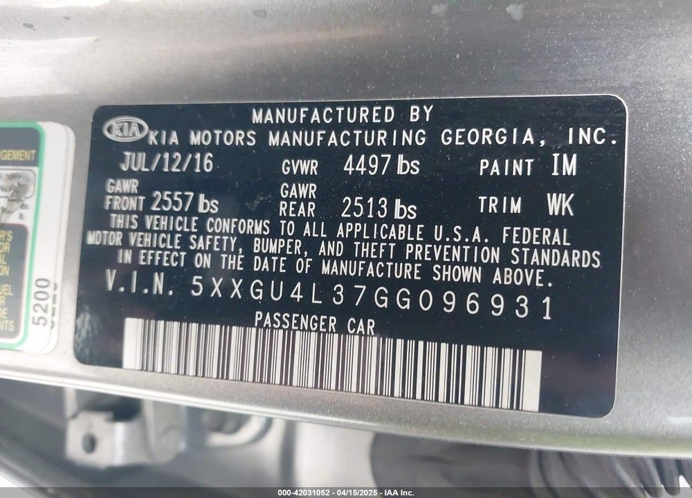 2016 KIA OPTIMA VIN: 5XXGU4L37GG096931