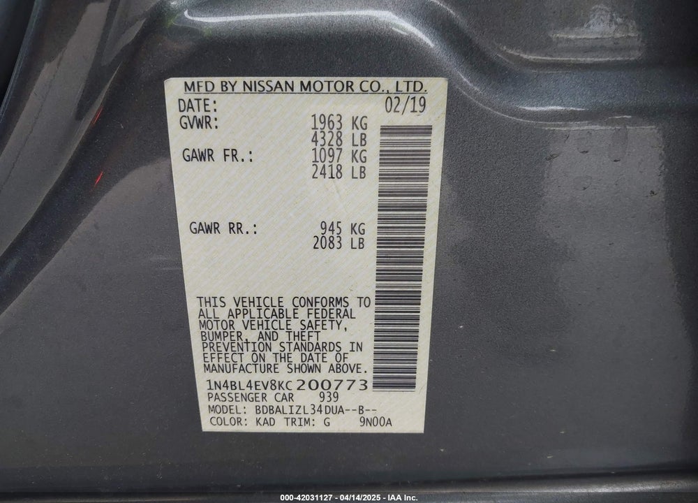 2019 NISSAN ALTIMA 2.5 SL VIN: 1N4BL4EV8KC200773