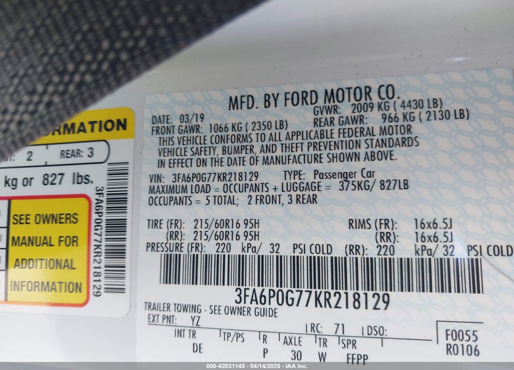 2019 FORD FUSION VIN: 3FA6P0G77KR218129