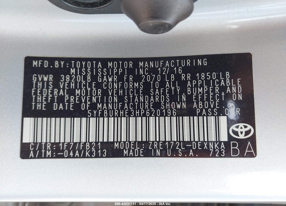 2017 TOYOTA COROLLA VIN: 5YFBURHE3HP620196