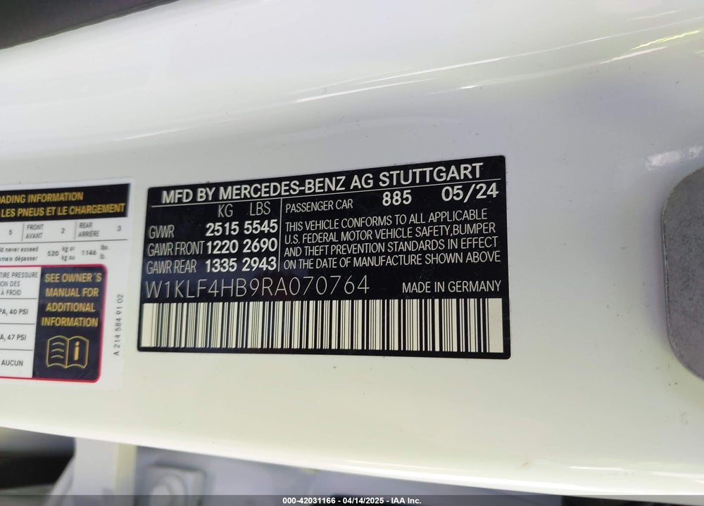 2024 MERCEDES-BENZ E-CLASS VIN: W1KLF4HB9RA070764