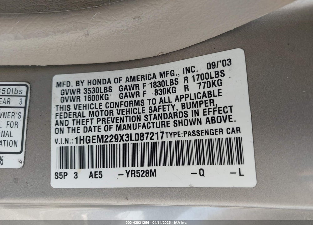 2003 HONDA CIVIC EX VIN: 1HGEM229X3L087217