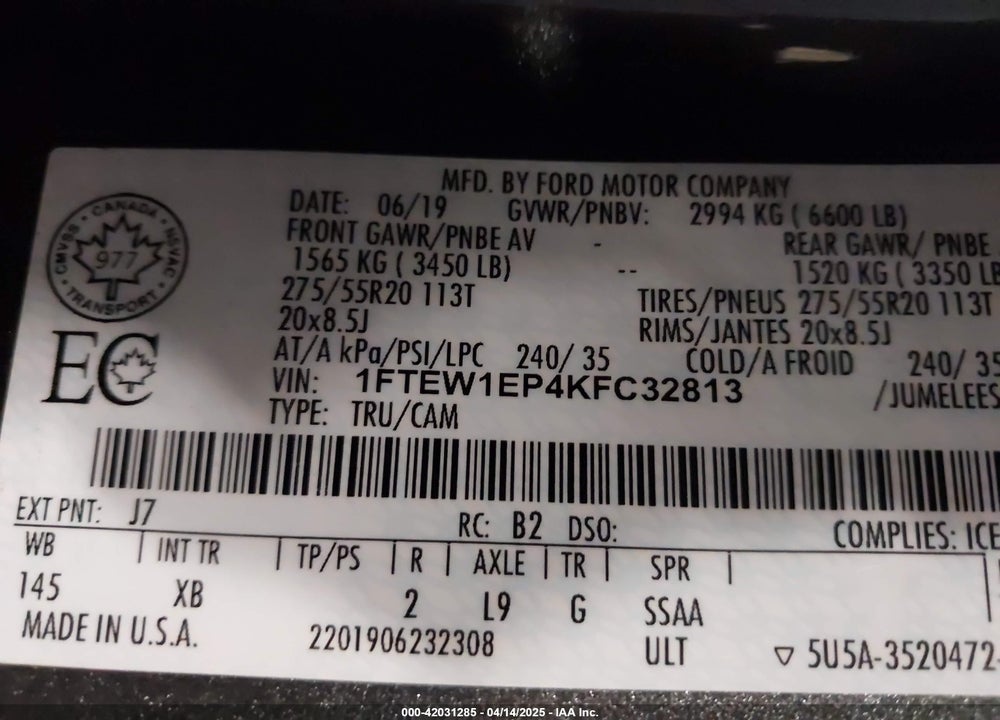 2019 FORD F-150 VIN: 1FTEW1EP4KFC32813