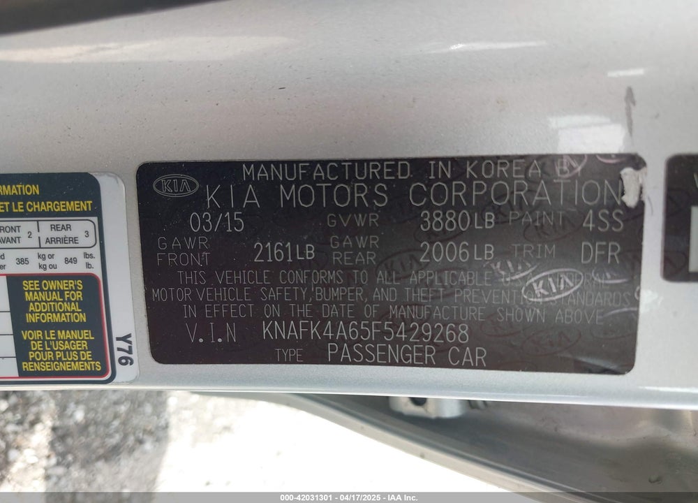 2015 KIA FORTE LX VIN: KNAFK4A65F5429268