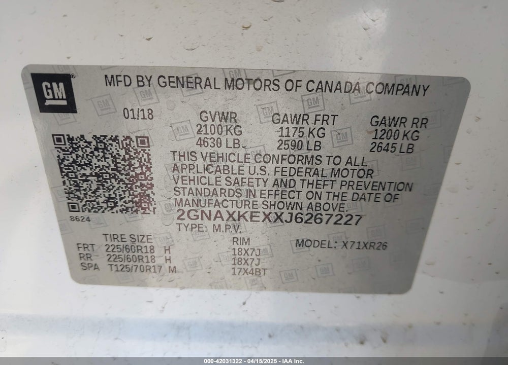 2018 CHEVROLET EQUINOX LT VIN: 2GNAXKEXXJ6267227