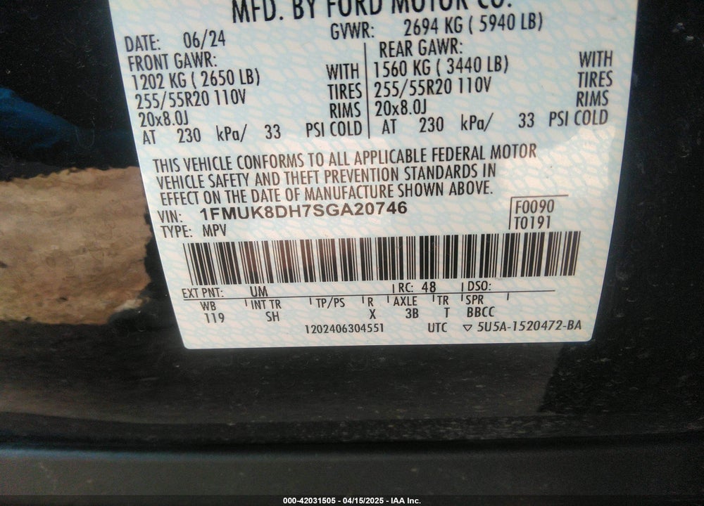 2025 FORD EXPLORER VIN: 1FMUK8DH7SGA20746