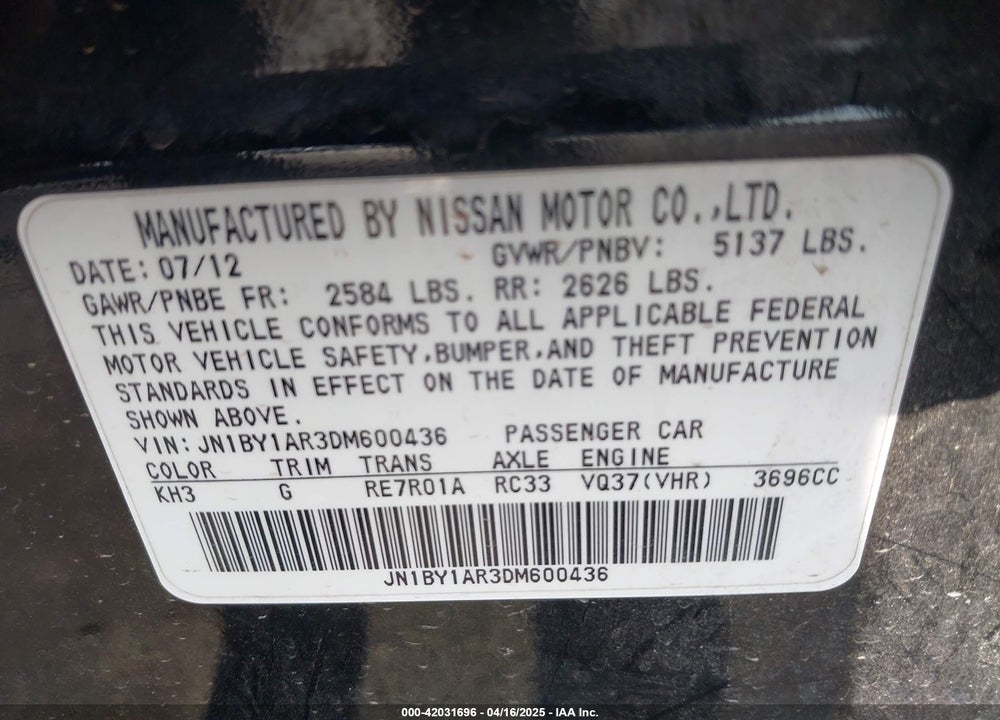 2013 INFINITI M37 VIN: JN1BY1AR3DM600436