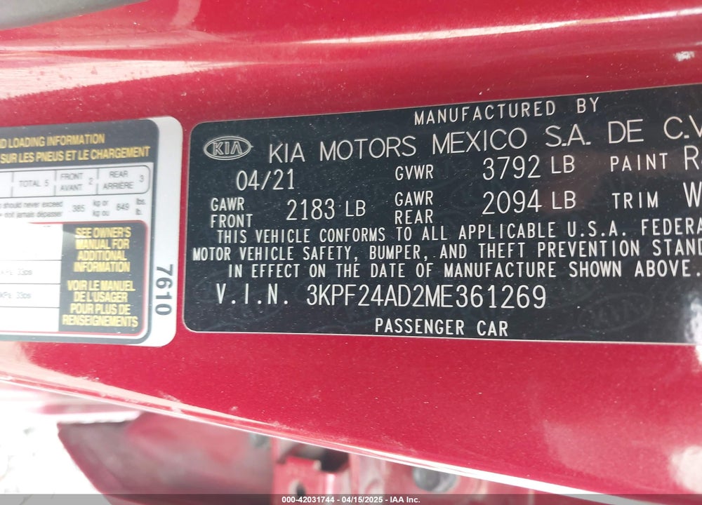 2021 KIA FORTE VIN: 3KPF24AD2ME361269