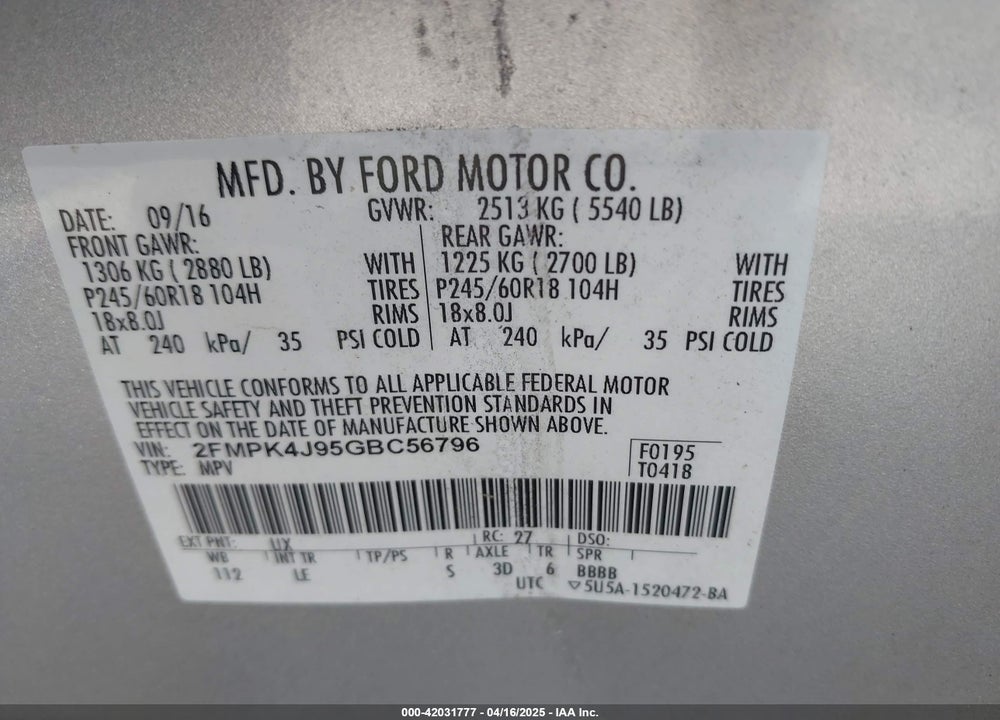 2016 FORD EDGE VIN: 2FMPK4J95GBC56796