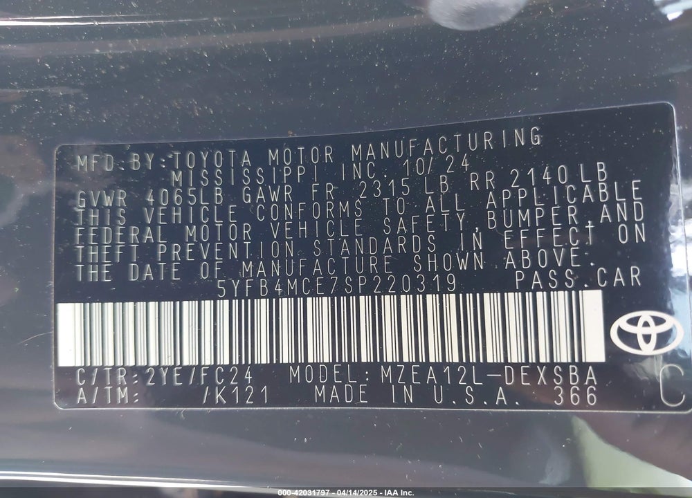 2025 TOYOTA COROLLA VIN: 5YFB4MCE7SP220319
