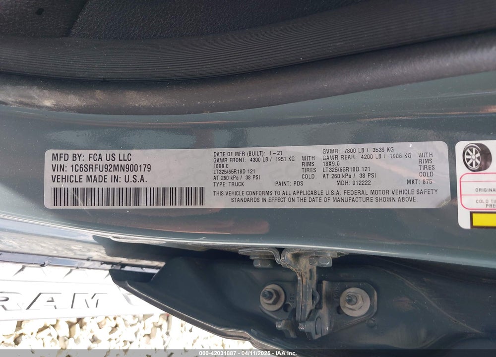 2021 RAM 1500 VIN: 1C6SRFU92MN900179