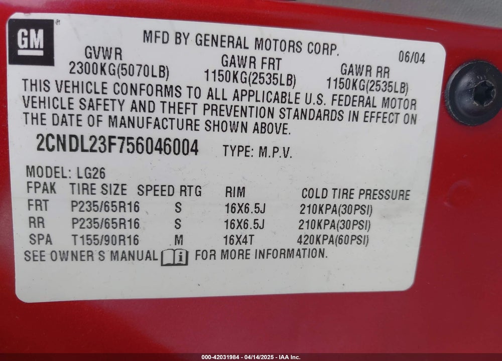 2005 CHEVROLET EQUINOX LS VIN: 2CNDL23F756046004