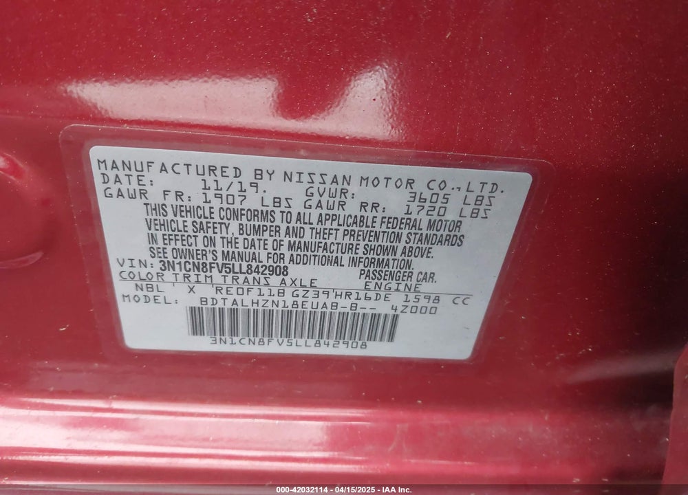 2020 NISSAN VERSA VIN: 3N1CN8FV5LL842908