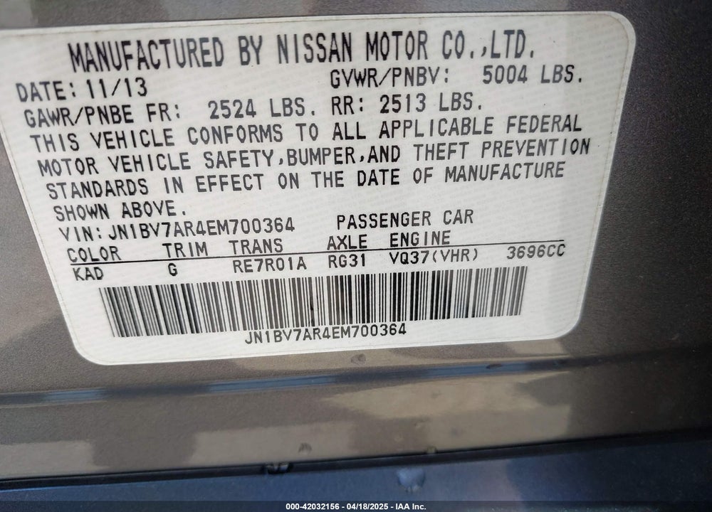 2014 INFINITI Q50 VIN: JN1BV7AR4EM700364