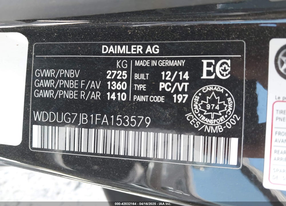 2015 MERCEDES-BENZ S VIN: WDDUG7JB1FA153579