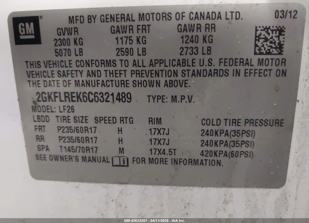 2012 GMC TERRAIN VIN: 2GKFLREK6C6321489