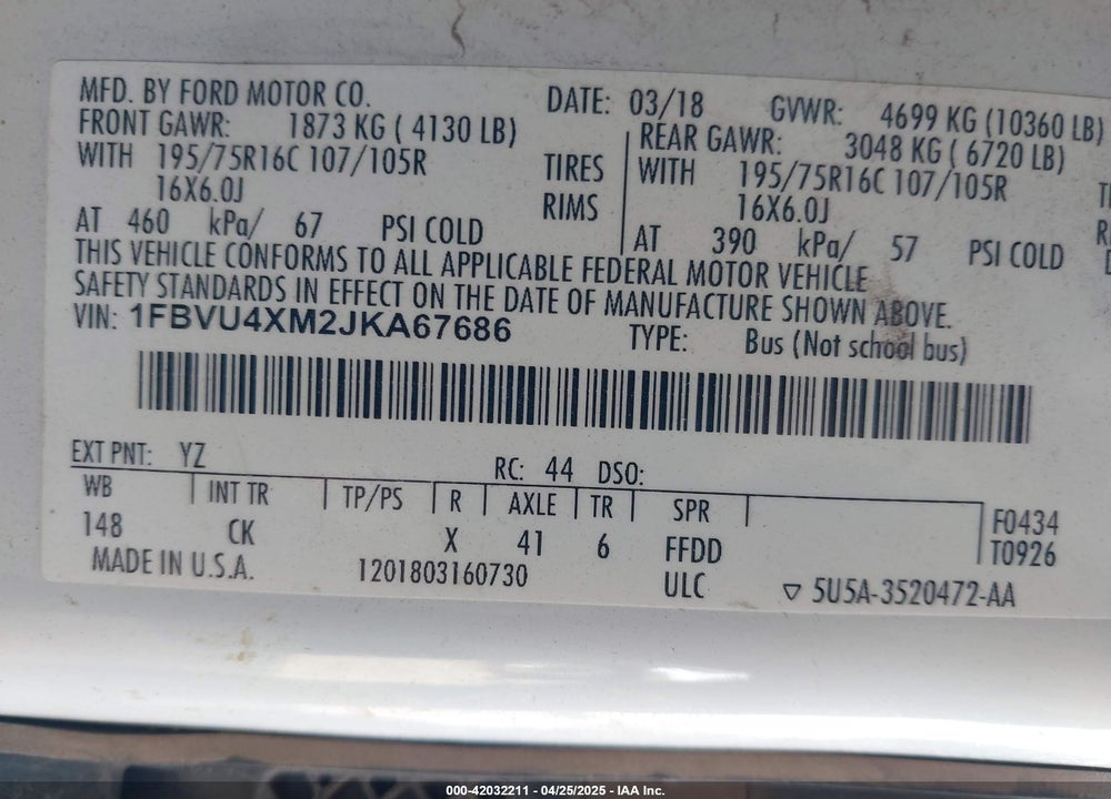 2018 FORD TRANSIT-350 XLT VIN: 1FBVU4XM2JKA67686