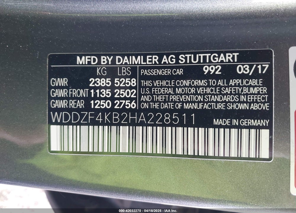 2017 MERCEDES-BENZ E 300 VIN: WDDZF4KB2HA228511