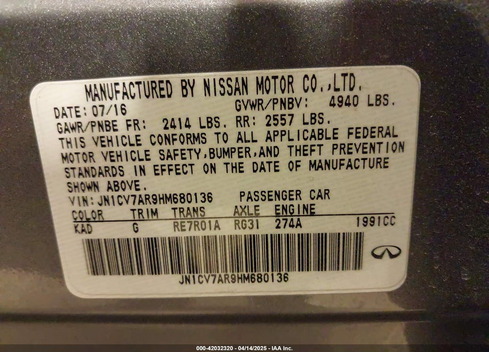 2017 INFINITI Q50 VIN: JN1CV7AR9HM680136