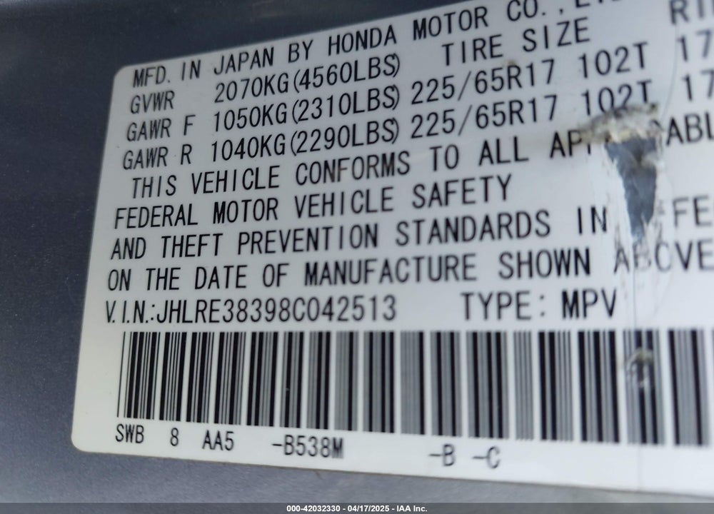 2008 HONDA CR-V LX VIN: JHLRE38398C042513