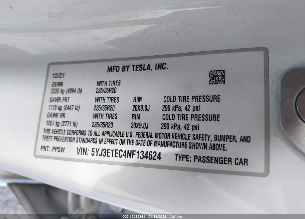 2022 TESLA MODEL 3 VIN: 5YJ3E1EC4NF134624