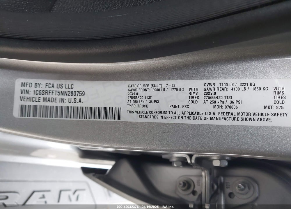 2022 RAM 1500 VIN: 1C6SRFFT5NN280759