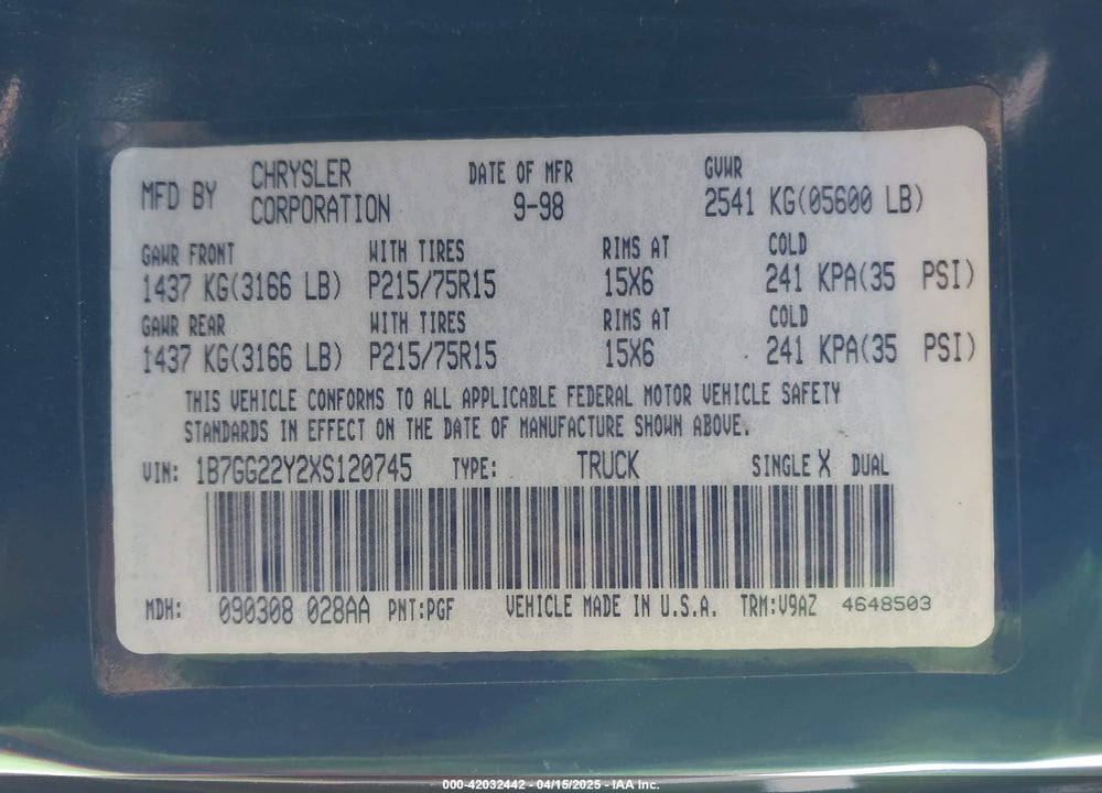 1999 DODGE DAKOTA SLT/SPORT VIN: 1B7GG22Y2XS120745