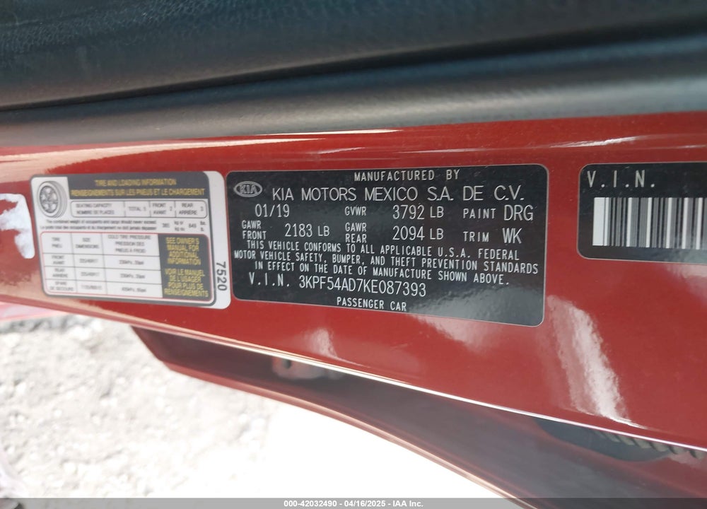 2019 KIA FORTE EX VIN: 3KPF54AD7KE087393