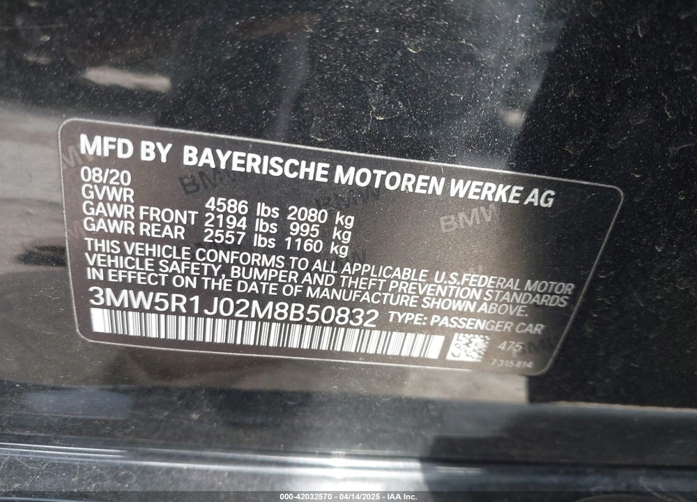 2021 BMW 3 SERIES 330I VIN: 3MW5R1J02M8B50832