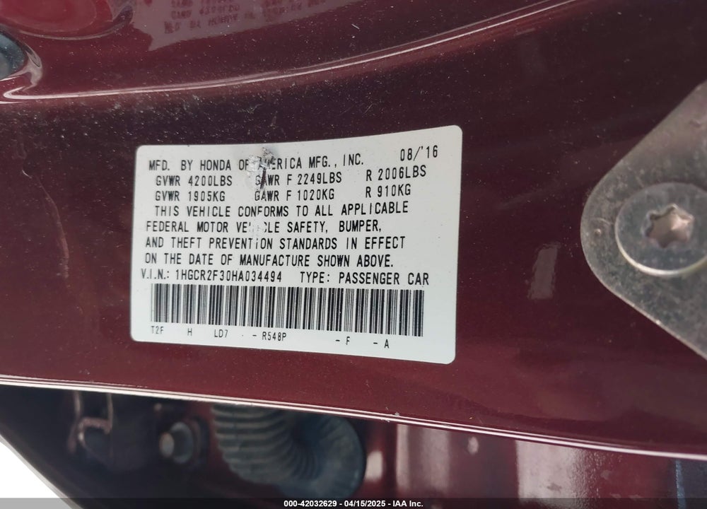 2017 HONDA ACCORD LX VIN: 1HGCR2F30HA034494