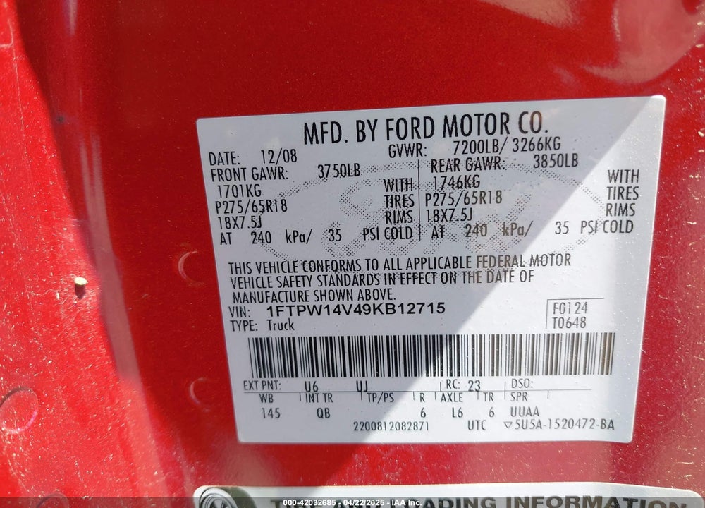 2009 FORD F-150 FX4 VIN: 1FTPW14V49KB12715