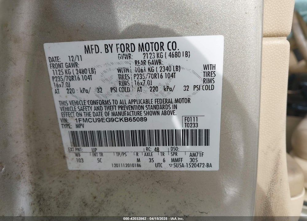 2012 FORD ESCAPE LIMITED VIN: 1FMCU9EG9CKB65089