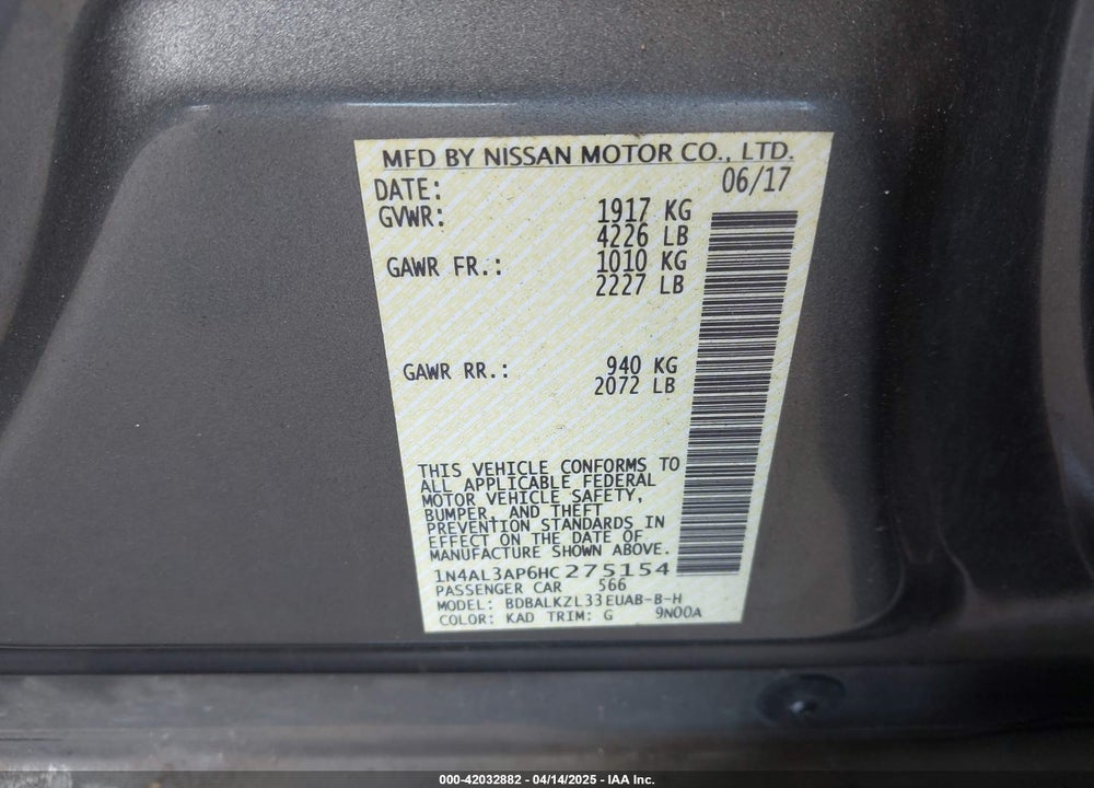 2017 NISSAN ALTIMA 2.5 SV VIN: 1N4AL3AP6HC275154