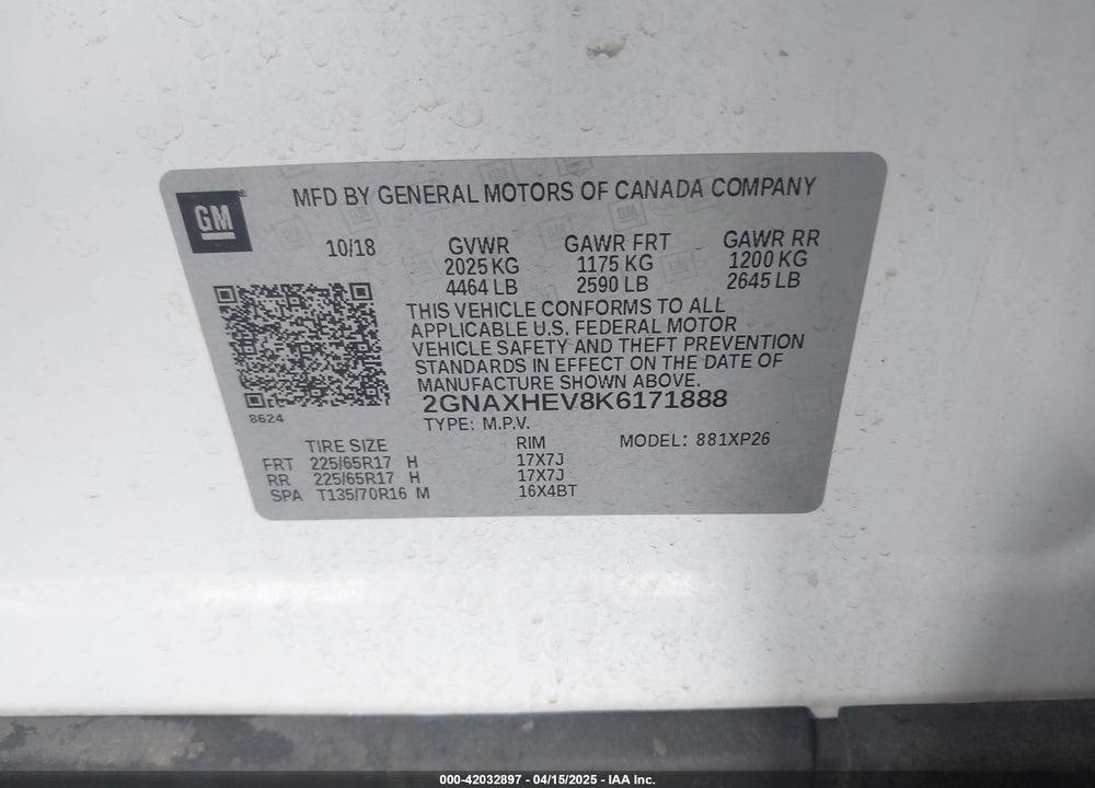 2019 CHEVROLET EQUINOX LS VIN: 2GNAXHEV8K6171888