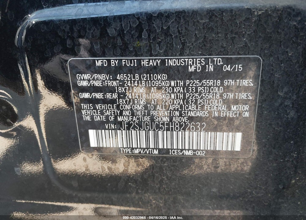 2015 SUBARU FORESTER VIN: JF2SJGUC5FH822632