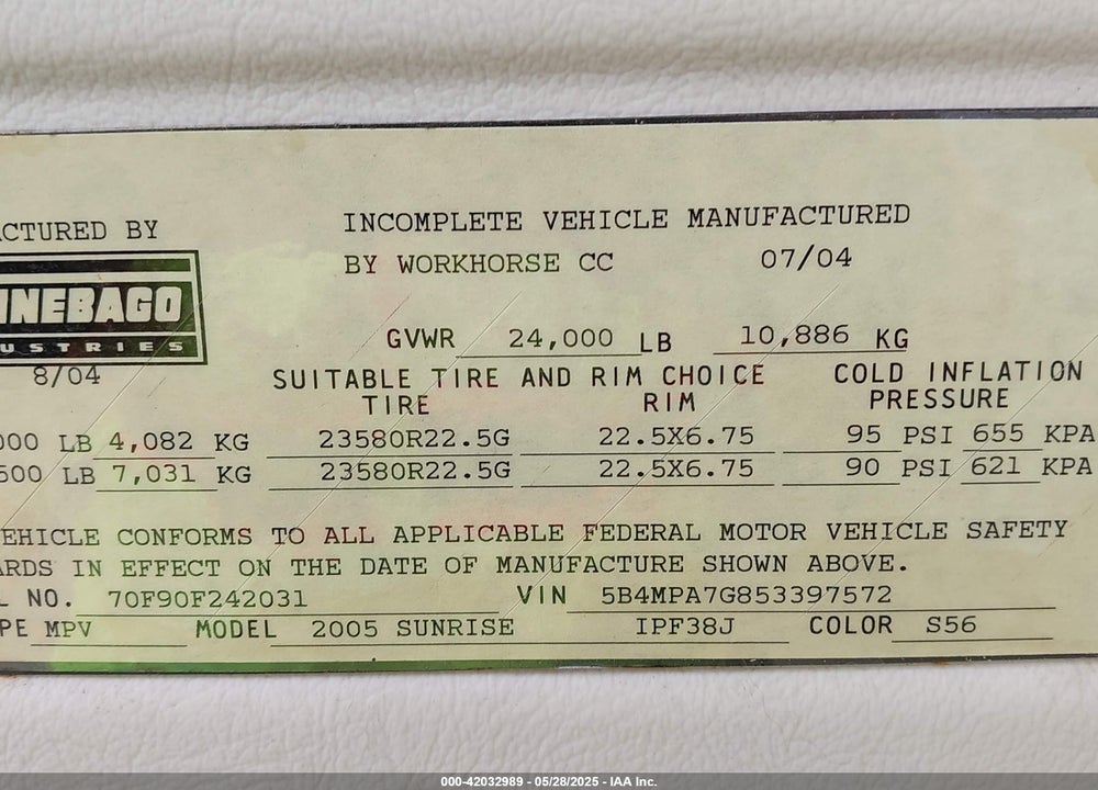 2005 WORKHORSE CUSTOM CHASSIS MOTORHOME CHASSIS VIN: 5B4MPA7G853397572