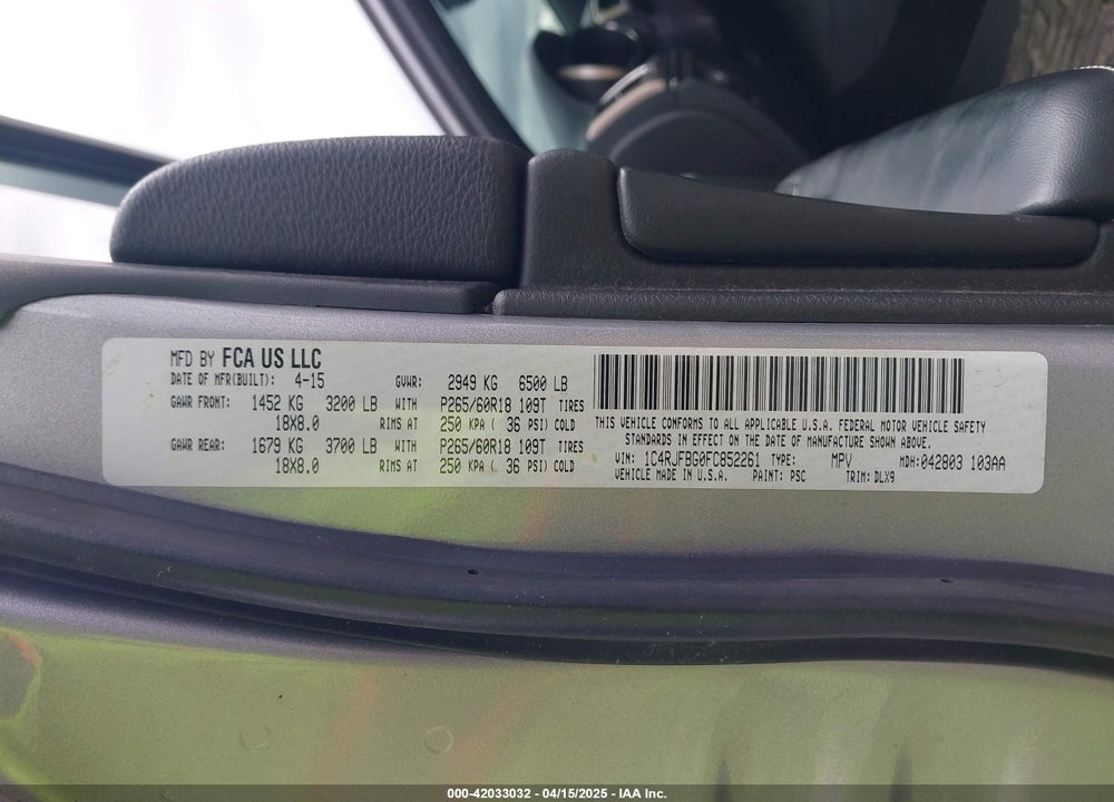2015 JEEP GRAND CHEROKEE LIMITED VIN: 1C4RJFBG0FC852261