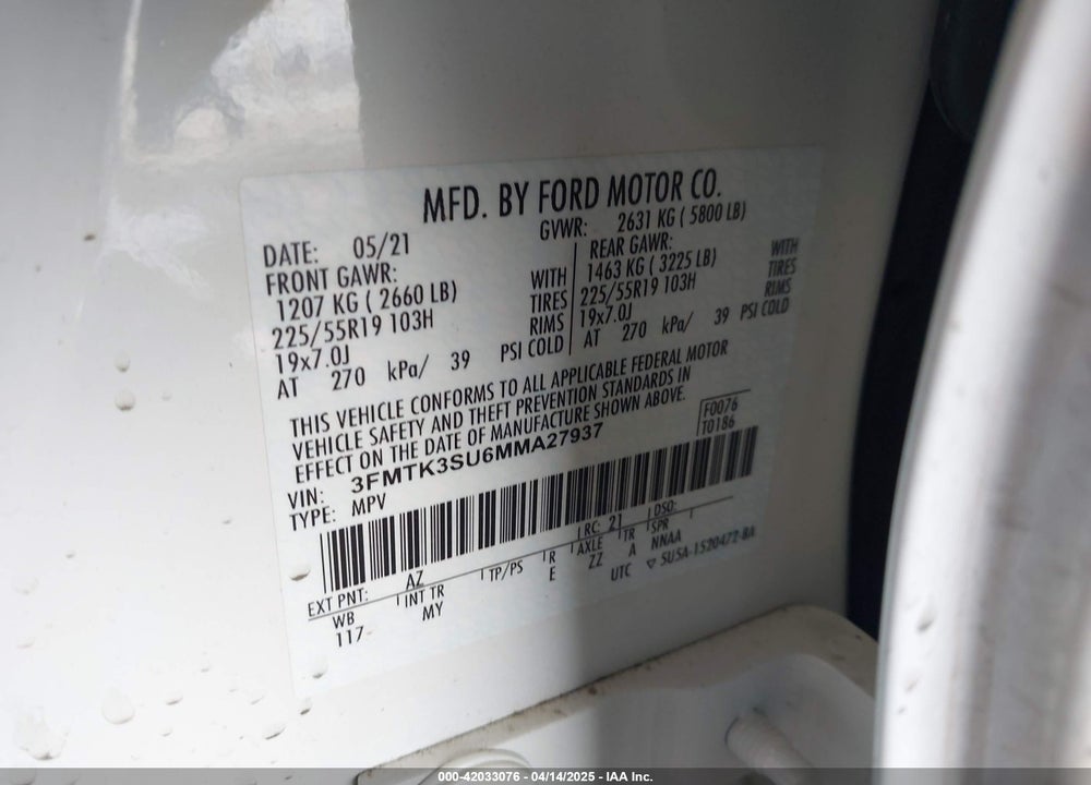 2021 FORD MUSTANG MACH-E PREMIUM VIN: 3FMTK3SU6MMA27937