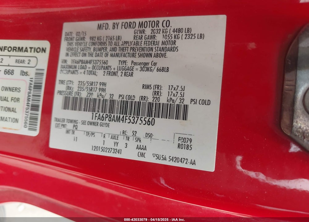 2015 FORD MUSTANG VIN: 1FA6P8AM4F5375560