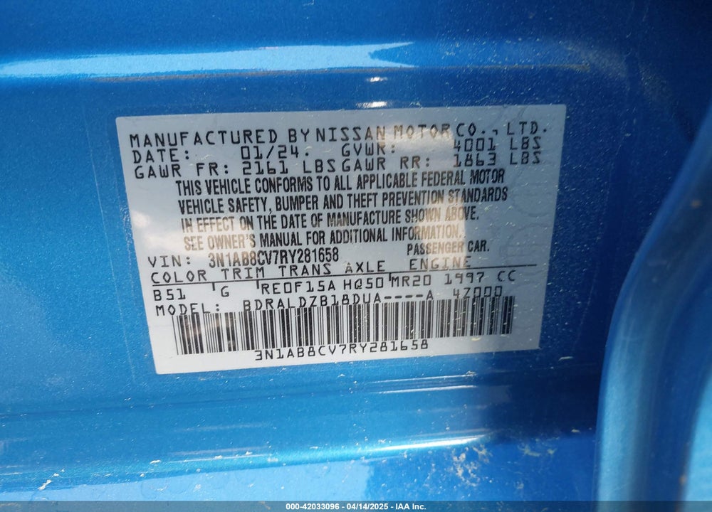 2024 NISSAN SENTRA VIN: 3N1AB8CV7RY281658