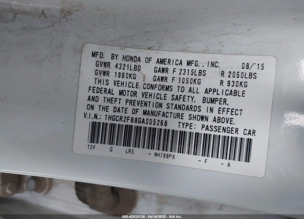2016 HONDA ACCORD EX-L VIN: 1HGCR2F88GA005268