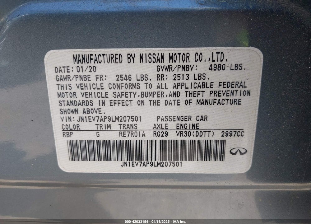 2020 INFINITI Q50 LUXE VIN: JN1EV7AP9LM207501